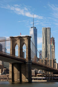 Bridge over river by buildings against sky in city