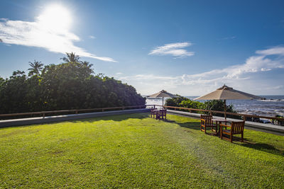 Parasol over chairs on terrace in galle / sri lanka