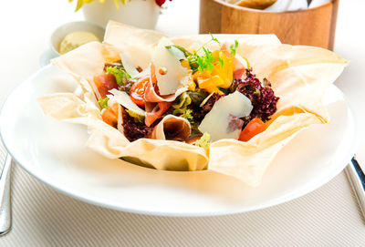 Close-up of food served in plate on table