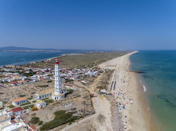 High angle view of beach against clear blue sky