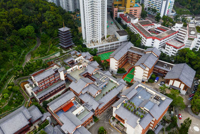 High angle view of buildings in city