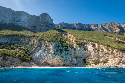 Scenic view of sea against clear blue sky