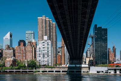 Bridge over river by buildings against clear sky