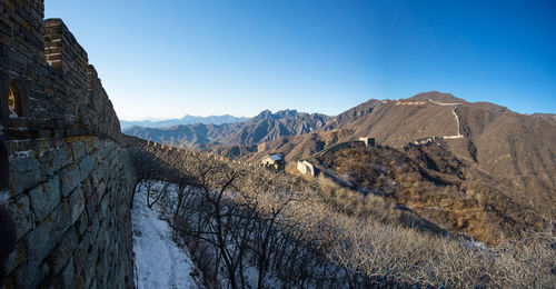 Panoramic view of mountains against clear blue sky