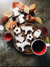 High angle view of cookies on table