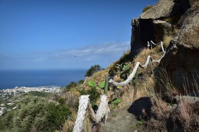 Panoramic shot of rocks by sea against sky