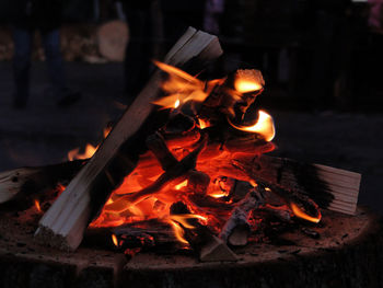 Close-up of fire burning at night