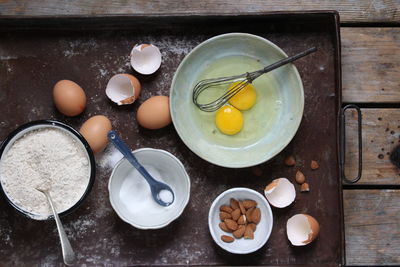 High angle view of breakfast on table