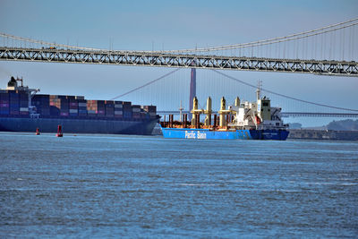 Commercial dock by sea against clear sky