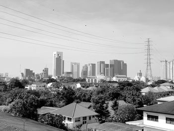 High angle view of city buildings against sky