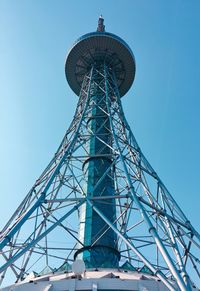 Low angle view of ferris wheel against clear blue sky