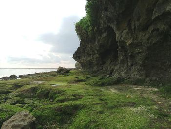 Scenic view of cliff by sea against sky