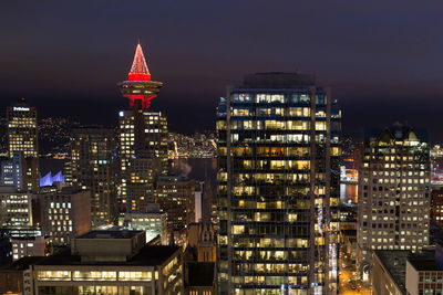 Illuminated buildings in city at night