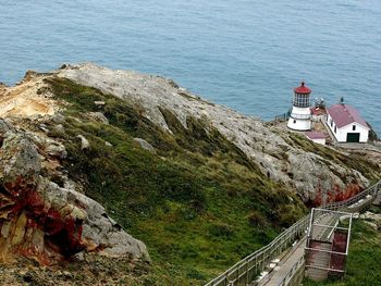 Lighthouse on cliff by sea