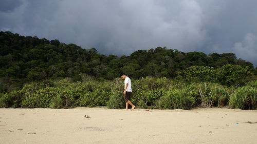 Rear view of man standing by tree against sky