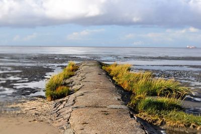 Scenic view of sea against cloudy sky