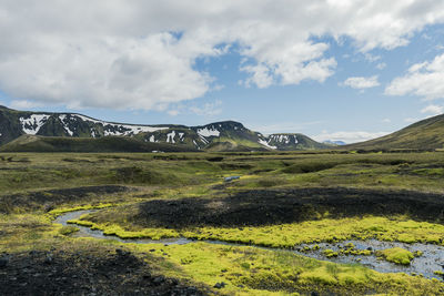 View of amazing landscape in iceland while trekking famous laugavegur trail