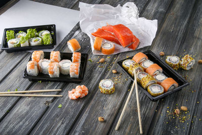 High angle view of sushi on table