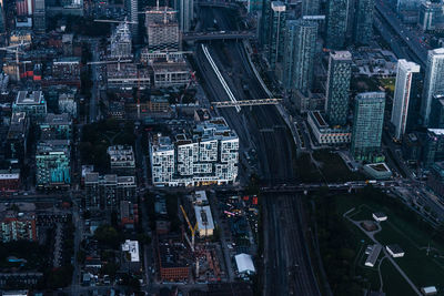 High angle view of street and buildings in city