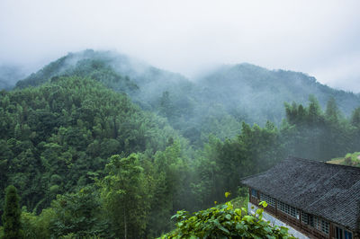 Scenic view of mountains in foggy weather