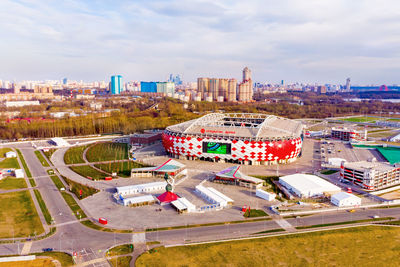 High angle view of road amidst buildings in city