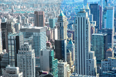 High angle view of modern buildings in city