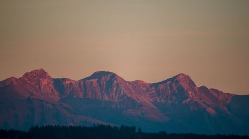 Scenic view of mountains against sky during sunset