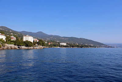 Scenic view of sea by buildings against clear blue sky