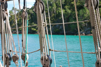 Close-up of rope tied on sailboat