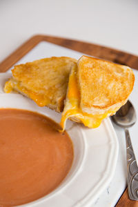 High angle view of breakfast served on table