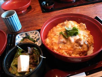 Close-up of served food on table