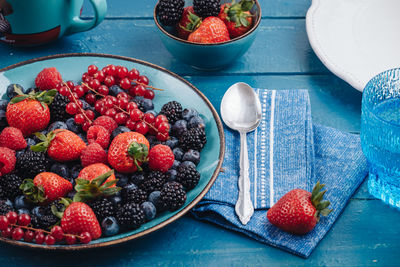 High angle view of strawberries in bowl on table