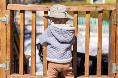 Rear view of girl standing by railing