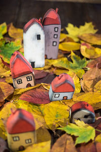 Close-up of wooden toy with autumn leaves on table