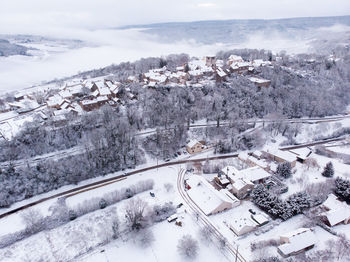 High angle view of snow covered landscape
