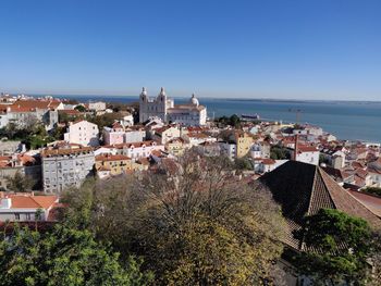 High angle view of townscape against clear sky