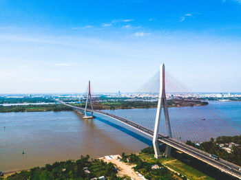 View of suspension bridge in city