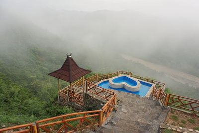 High angle view of gazebo on mountain