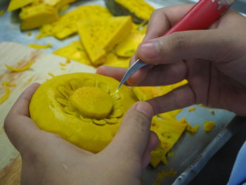 Close-up of person hand holding yellow leaf