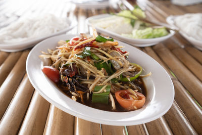 High angle view of meal served on table