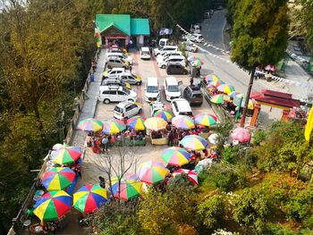 High angle view of people on street in city