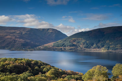 Scenic view of lake and mountains against sky