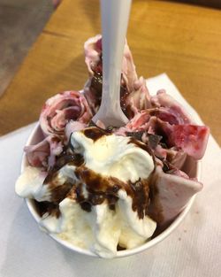 High angle view of ice cream on table