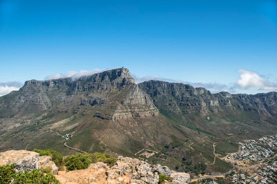 Scenic view of mountains against clear blue sky