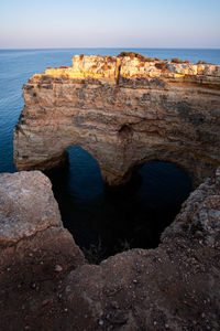 Rock formations by sea against sky