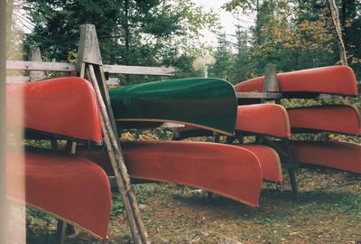 Empty chairs against trees
