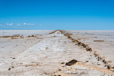 Scenic view of beach against clear blue sky