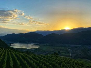 Scenic view of agricultural field against sky during sunset