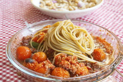 Close-up of noodles in bowl on table