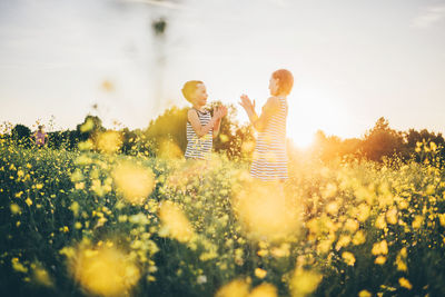 Rear view of woman standing amidst yellow flowers